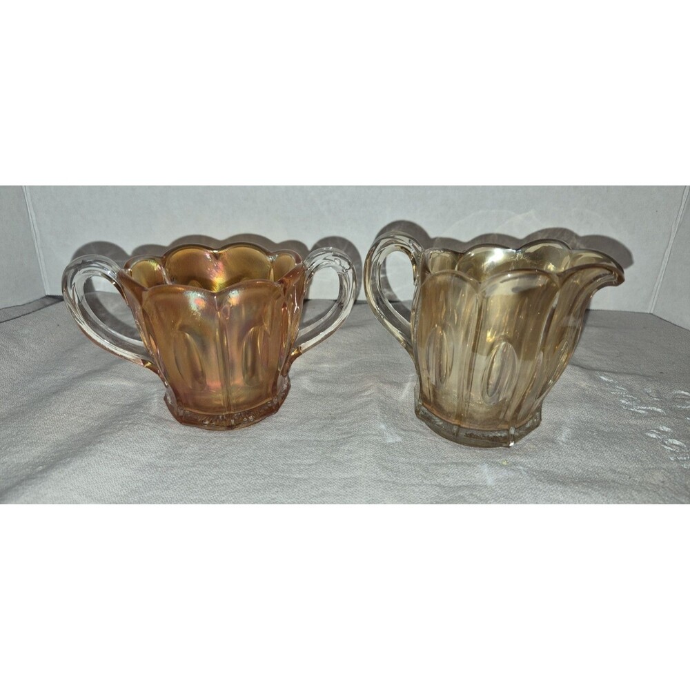 Depression Dugan Carnival Glass Creamer & Sugar Bowl Marigold Long Thumbprint